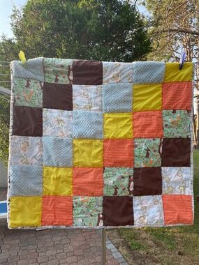 Handmade Patchwork Kids Quilt in Yellow, Orange, Brown, Light Blue, Green